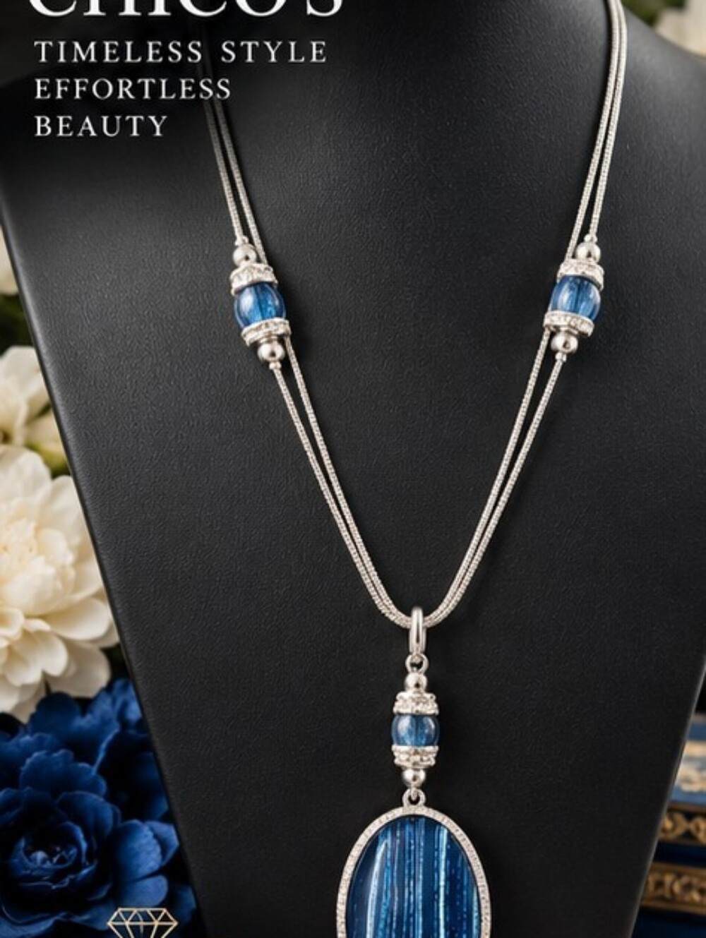 Chico's Blue Glass Rhinestone Statement Pendant Necklace Long Signed